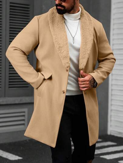 Manfinity CasualCool معطف طويل الأكمام بجيب وأزرار أمامية بلون واحد للرجال، معطف خروج خريفي، هدية للأصدقاء والزوج والحبيب، معطف رجالي باللون البيج