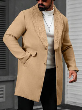 Manfinity CasualCool معطف طويل الأكمام بجيب وأزرار أمامية بلون واحد للرجال، معطف خروج خريفي، هدية للأصدقاء والزوج والحبيب، معطف رجالي باللون البيج