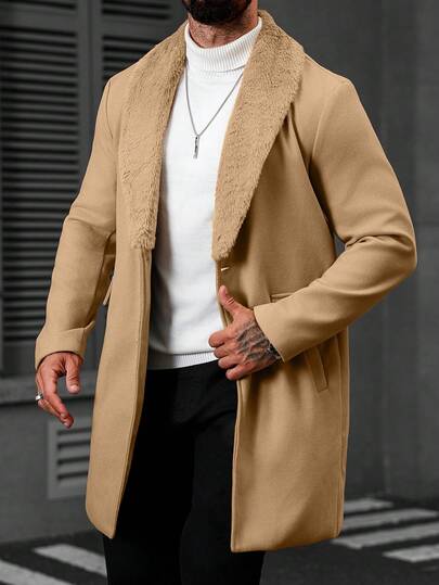 Manfinity CasualCool معطف طويل الأكمام بجيب وأزرار أمامية بلون واحد للرجال، معطف خروج خريفي، هدية للأصدقاء والزوج والحبيب، معطف رجالي باللون البيج