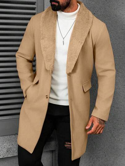 Manfinity CasualCool معطف طويل الأكمام بجيب وأزرار أمامية بلون واحد للرجال، معطف خروج خريفي، هدية للأصدقاء والزوج والحبيب، معطف رجالي باللون البيج
