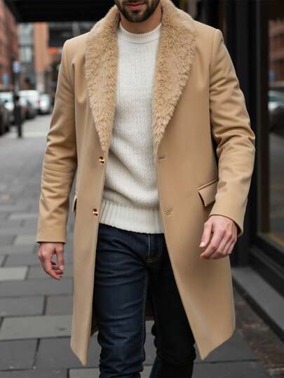 Manfinity CasualCool معطف طويل الأكمام بجيب وأزرار أمامية بلون واحد للرجال، معطف خروج خريفي، هدية للأصدقاء والزوج والحبيب، معطف رجالي باللون البيج