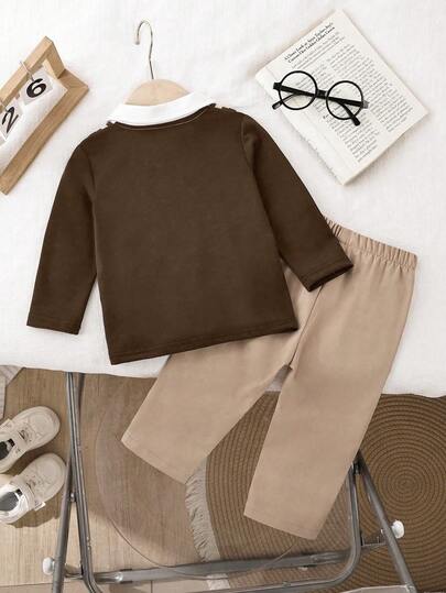SHEIN Playful Pals طقم طفل ولد، ملابس علوية بولو طويلة الأكمام مريحة مصنوعة من الأقمشة المحبوكة، مع بنطلون كاجوال فضفاض بخصر مطاطي، تصميم أنيق ومناسب للمناسبات الخريفية مثل العطلات والخروجات اليومية وما شابه.