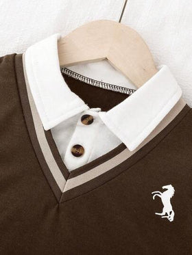 SHEIN Playful Pals طقم طفل ولد، ملابس علوية بولو طويلة الأكمام مريحة مصنوعة من الأقمشة المحبوكة، مع بنطلون كاجوال فضفاض بخصر مطاطي، تصميم أنيق ومناسب للمناسبات الخريفية مثل العطلات والخروجات اليومية وما شابه.