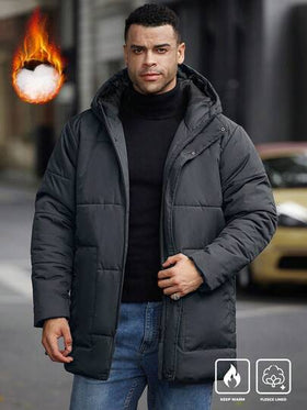 Manfinity Homme معطف شتوي بغطاء رأس للرجال ذوي الحجم الكبير، أكمام طويلة، لون سادة، متعدد الاستخدامات للشتاء