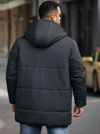 Manfinity Homme معطف شتوي بغطاء رأس للرجال ذوي الحجم الكبير، أكمام طويلة، لون سادة، متعدد الاستخدامات للشتاء