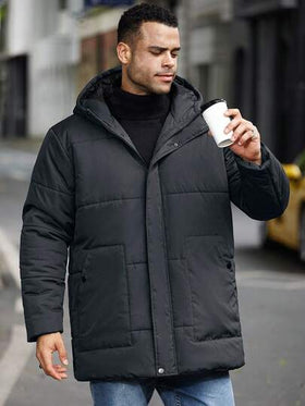 Manfinity Homme معطف شتوي بغطاء رأس للرجال ذوي الحجم الكبير، أكمام طويلة، لون سادة، متعدد الاستخدامات للشتاء
