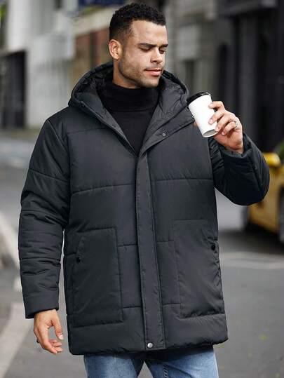Manfinity Homme معطف شتوي بغطاء رأس للرجال ذوي الحجم الكبير، أكمام طويلة، لون سادة، متعدد الاستخدامات للشتاء
