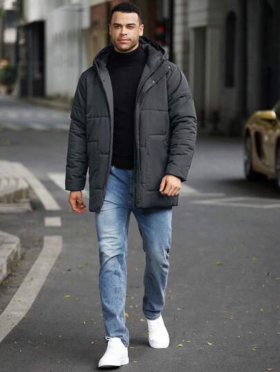 Manfinity Homme معطف شتوي بغطاء رأس للرجال ذوي الحجم الكبير، أكمام طويلة، لون سادة، متعدد الاستخدامات للشتاء