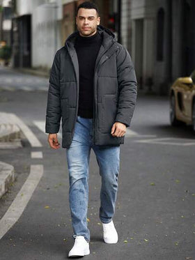 Manfinity Homme معطف شتوي بغطاء رأس للرجال ذوي الحجم الكبير، أكمام طويلة، لون سادة، متعدد الاستخدامات للشتاء