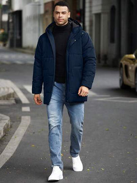 Manfinity Homme جاكيت كاجوال بغطاء رأس ذات لون أحادي للرجال كبار الحجم، متعددة الاستخدامات للشتاء
