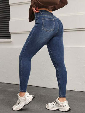 SHEIN PETITE سراويل جينز نسائية ذات خصر عالي وجيوب، قصة ضيقة وكاجوال