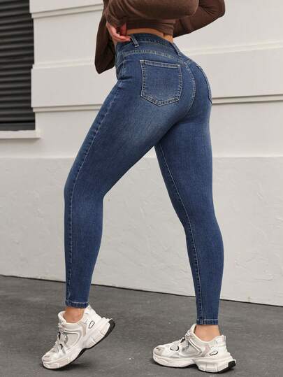 SHEIN PETITE سراويل جينز نسائية ذات خصر عالي وجيوب، قصة ضيقة وكاجوال