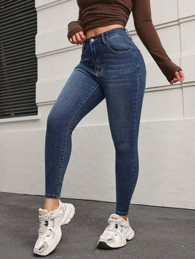 SHEIN PETITE سراويل جينز نسائية ذات خصر عالي وجيوب، قصة ضيقة وكاجوال