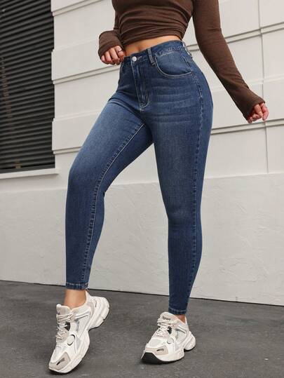 SHEIN PETITE سراويل جينز نسائية ذات خصر عالي وجيوب، قصة ضيقة وكاجوال