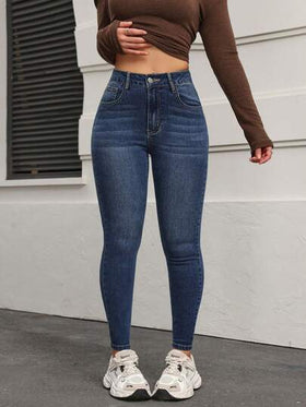 SHEIN PETITE سراويل جينز نسائية ذات خصر عالي وجيوب، قصة ضيقة وكاجوال