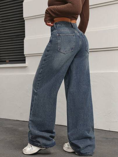 SHEIN PETITE بنطلون جينز نسائي بخصر عالي وجيوب وساق واسعة فضفاضة وكاجوال