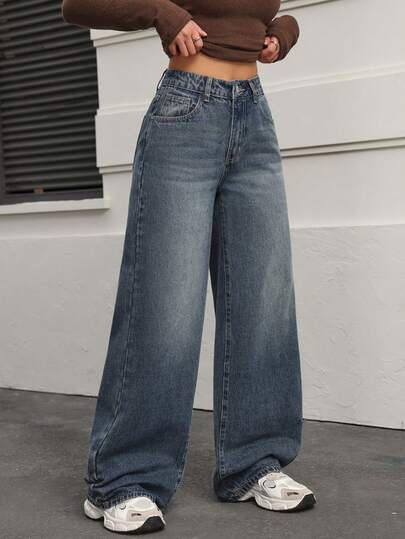 SHEIN PETITE بنطلون جينز نسائي بخصر عالي وجيوب وساق واسعة فضفاضة وكاجوال