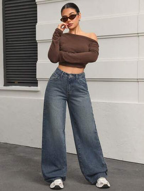 SHEIN PETITE بنطلون جينز نسائي بخصر عالي وجيوب وساق واسعة فضفاضة وكاجوال