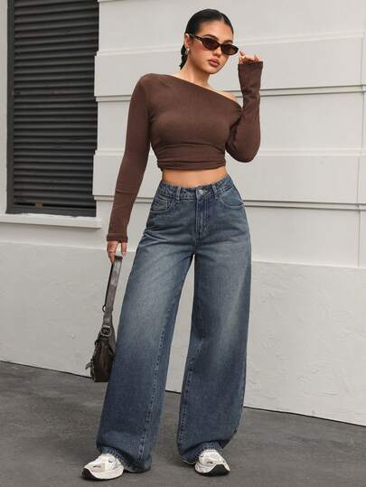 SHEIN PETITE بنطلون جينز نسائي بخصر عالي وجيوب وساق واسعة فضفاضة وكاجوال