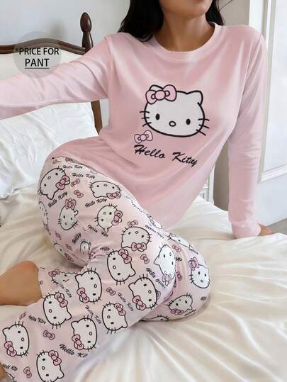 SANRIO 1 قطعة بنطلون بيجاما بطباعة هالو كيتي، ملابس نوم جميلة للنساء، بطراز Y2K، مناسبة للخريف والشتاء