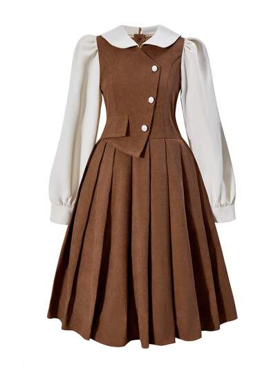 SHEIN Vintaside Kids فستان بلوك ملون مع طوق للبنات، طراز أنيق مناسب للكريسماس وحفلات عيد الميلاد والارتداء اليومي والمظهر الجامعي، مناسب للخريف والشتاء