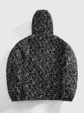 ROMWE MEN Street Life معطف طويل الأكمام مطبوع بالكامل مع كابوت، شتوي