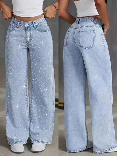 سراويل جينز واسعة الساق مزينة بالراين ستار للنساء، كاجوال للربيع