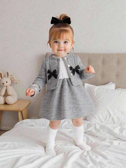 SHEIN Playful Pals طقم فستان ملون وسترة مزينة بفيونكة للبنات، خريف/شتاء