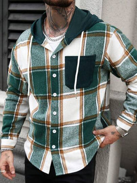 Manfinity Homme معطف كوردوروي مخطط مزود بقبعة، مناسب للرجال للارتداء في الخارج، الملابس الشارعية، الخريف/الشتاء