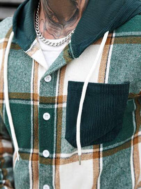 Manfinity Homme معطف كوردوروي مخطط مزود بقبعة، مناسب للرجال للارتداء في الخارج، الملابس الشارعية، الخريف/الشتاء