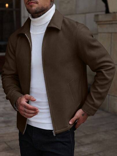 Manfinity CasualCool معطف طويل الأكمام بلون أحادي مزود بسحاب للاستخدام اليومي، معطف بومبر لون بني فاتح للخريف/الشتاء، معطف رجالي مزود بسحاب، معطف رجالي كاجوال قصير البنطلون باللون البني