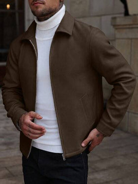 Manfinity CasualCool معطف طويل الأكمام بلون أحادي مزود بسحاب للاستخدام اليومي، معطف بومبر لون بني فاتح للخريف/الشتاء، معطف رجالي مزود بسحاب، معطف رجالي كاجوال قصير البنطلون باللون البني
