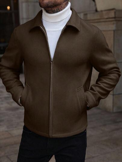 Manfinity CasualCool معطف طويل الأكمام بلون أحادي مزود بسحاب للاستخدام اليومي، معطف بومبر لون بني فاتح للخريف/الشتاء، معطف رجالي مزود بسحاب، معطف رجالي كاجوال قصير البنطلون باللون البني