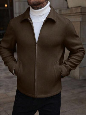 Manfinity CasualCool معطف طويل الأكمام بلون أحادي مزود بسحاب للاستخدام اليومي، معطف بومبر لون بني فاتح للخريف/الشتاء، معطف رجالي مزود بسحاب، معطف رجالي كاجوال قصير البنطلون باللون البني