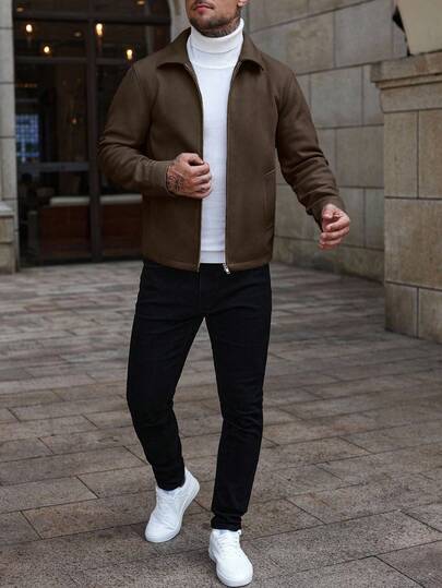 Manfinity CasualCool معطف طويل الأكمام بلون أحادي مزود بسحاب للاستخدام اليومي، معطف بومبر لون بني فاتح للخريف/الشتاء، معطف رجالي مزود بسحاب، معطف رجالي كاجوال قصير البنطلون باللون البني