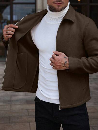 Manfinity CasualCool معطف طويل الأكمام بلون أحادي مزود بسحاب للاستخدام اليومي، معطف بومبر لون بني فاتح للخريف/الشتاء، معطف رجالي مزود بسحاب، معطف رجالي كاجوال قصير البنطلون باللون البني