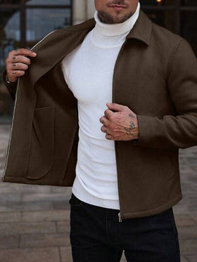 Manfinity CasualCool معطف طويل الأكمام بلون أحادي مزود بسحاب للاستخدام اليومي، معطف بومبر لون بني فاتح للخريف/الشتاء، معطف رجالي مزود بسحاب، معطف رجالي كاجوال قصير البنطلون باللون البني