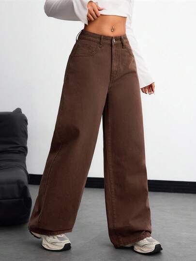 SHEIN بنطلون جينز بني فضفاض واسع الساق مريح لفتيات المراهقات، ملابس يومية للخريف/الشتاء، ملابس الشارع للفتيات، ملابس هالوين، ملابس عيد الميلاد، بنطلون جينز شتوي، بنطلون جينز للمراهقات