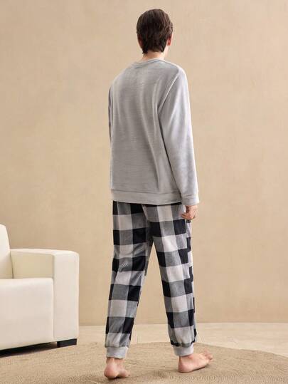 بيجامة رجالية مكونة من ملابس علوية بياقة طاقم بأكمام طويلة ذات لون أحادي وبنطلون طويل مربع الأنماط، ملابس شتوية دافئة وناعمة