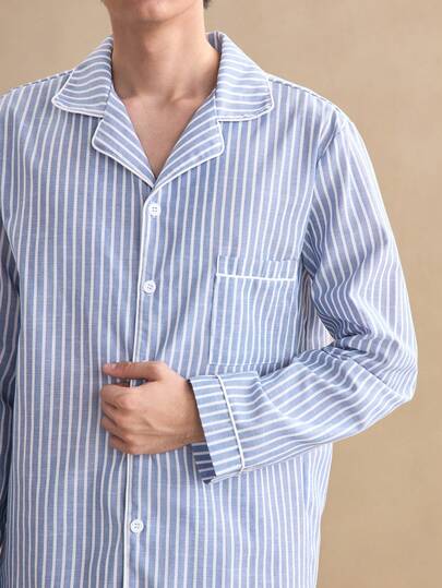 SHEIN مجموعة بيجامة رجالية من قطعتين (ملابس علوية وبنطلون) من القطن المنسوج بتصميم كلاسيكي، مريحة وصديقة للبشرة، ملابس شتوية