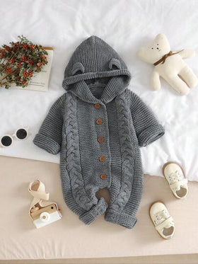 SHEIN جمبسوت رومبر كاجوال لطيفة بلون أحادي للأطفال الرضع الصبيان، جمبسوت قفز للأطفال الرضع، جمبسوت رومبر مزودة بقبعة للأطفال الرضع، جمبسوت رومبر مصنوعة من الصوف للأطفال الرضع، ملابس شتوية للأطفال الرضع، جمبسوت رومبر صوفية للأطفال الرضع، كنزة صوفية صوفية م