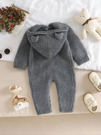 SHEIN جمبسوت رومبر كاجوال لطيفة بلون أحادي للأطفال الرضع الصبيان، جمبسوت قفز للأطفال الرضع، جمبسوت رومبر مزودة بقبعة للأطفال الرضع، جمبسوت رومبر مصنوعة من الصوف للأطفال الرضع، ملابس شتوية للأطفال الرضع، جمبسوت رومبر صوفية للأطفال الرضع، كنزة صوفية صوفية م