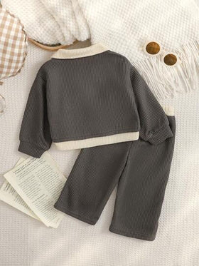 SHEIN طقم بنطلون وبلوزة كاجوال رياضية للأطفال البنات، ذو طية على الياقة وألوان متباينة، للخريف والشتاء، قطعتان