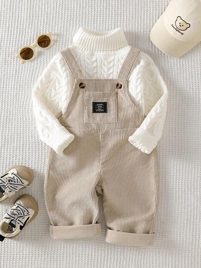 SHEIN Playful Pals جمبسوت قطيفة للأطفال الرضع من 0-3 سنوات مطرزة بحرف، لون كاكي، مناسبة للخروجات والمناسبات الكاجوال وحفلات عيد الميلاد