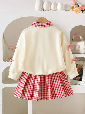 Elladie kids قميص ثقيل كم طويل بطبعة حرف الكرز مع تنورة منقوشة مكسرة، طقم ملابس كاجوال وحلو بسيط للربيع/الخريف، مناسب للفتيات الصغيرات
