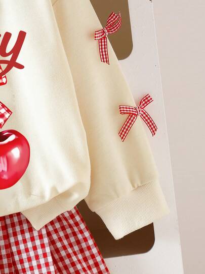 Elladie kids قميص ثقيل كم طويل بطبعة حرف الكرز مع تنورة منقوشة مكسرة، طقم ملابس كاجوال وحلو بسيط للربيع/الخريف، مناسب للفتيات الصغيرات