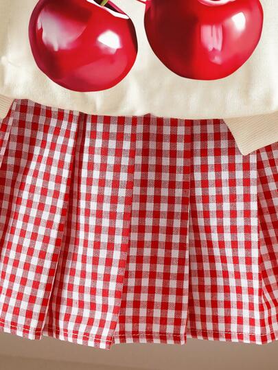 Elladie kids قميص ثقيل كم طويل بطبعة حرف الكرز مع تنورة منقوشة مكسرة، طقم ملابس كاجوال وحلو بسيط للربيع/الخريف، مناسب للفتيات الصغيرات