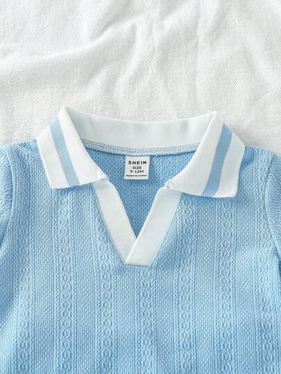 SHEIN Vintaside Kids مجموعة أزرق للأطفال الرضع من 0-3 سنوات، بنطلون قصير مع ملابس علوية كم قصير مطابق، بتصميم بسيط بدون نقشات، فضفاض، مناسب للخروجات والاستخدام المنزلي والرياضة الخفيفة، ملابس صيفية للأطفال، ملابس خارجية للأطفال