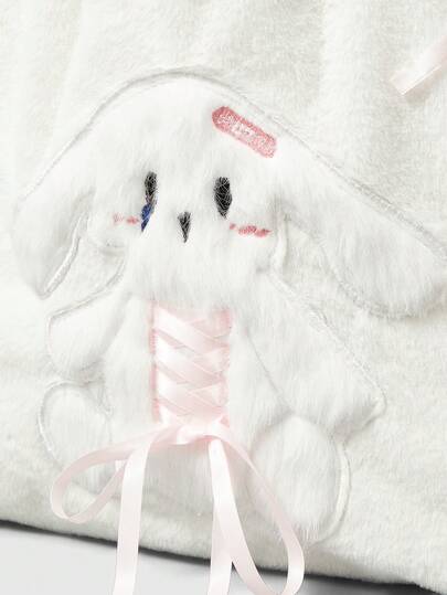 ROMWE Kawaii حقيبة كلية فتيات بتصميم كرتوني مزخرف بالفرو والأربطة