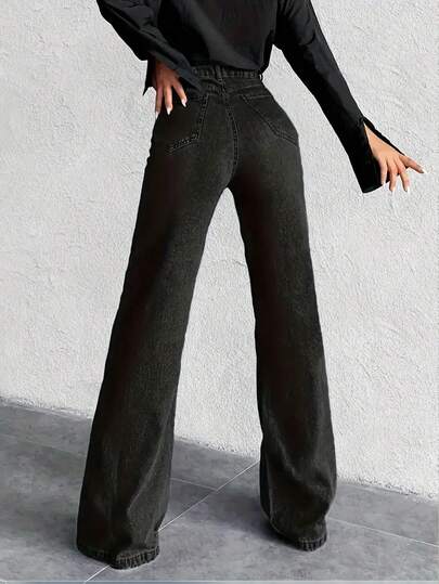 جينز نسائي كاجوال للارتداء اليومي بخصر عالي وساق مستقيمة فضفاضة، بسيط وعملي، لون أسود للربيع